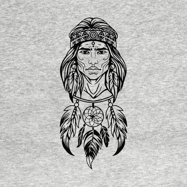 head of an Indian man in a traditional headdress, black and white illustration by InshynaArt